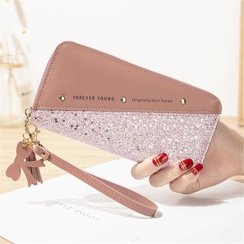 Womens Wallet Long Fashion Sequins Patchwork Glitter Female Letter Leather Coin Purses Ladies Wristband Card Holder Clutch Bag