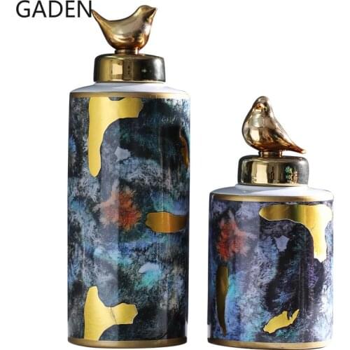 Creative Ceramic Ginger Jar Vase Ornaments Gold-plated Bird Lid Household Storage Jar European Home Decoration Accessories