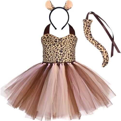 Girls Leopard Printed Tutu Dress Kids Cosplay Costume Outfits Halloween Costume Birthday Party Dress Up Ears Headband Tail Set