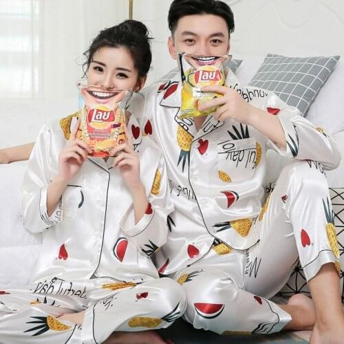 Summer Couple Men Women Pineapple Printed Stain Lapel Long Sleeve Pants Sleepwear Lovers Female Pajamas Pyjamas Homewear