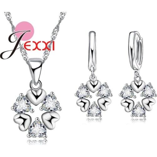 Fashion 925 Sterling Heart Pendant Necklace Earrings Set Clear African AAA Crystal Accessories Bridal Wedding Jewelry