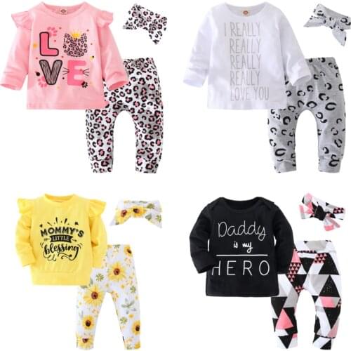 Autumn baby girl clothes sets Long sleeve Cotton T shirt and Trousers and Headband 3pcs/set Newborn Infant clothing Outfits