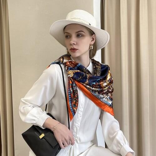 2021 New Fashion Silk Square Scarf For Women 90*90cm Neck Hair Tie Band Bag Warp Soft Neckerchief Hijab Headscarf Female Foulard