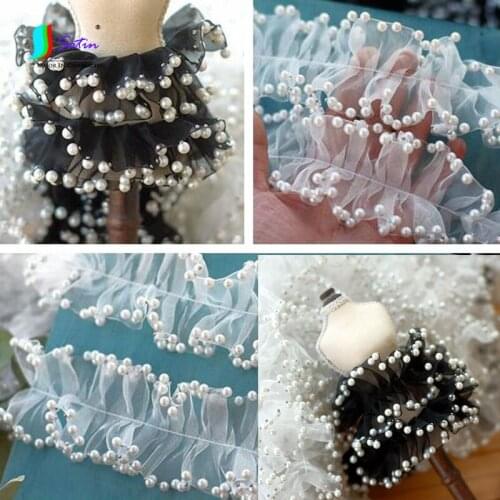 65mm 6.5cm Organza Pleated Pearl Nail Bead Lace Accessories Decorative DIY Doll Bud Ribbon Materials Cloth Dress Headdress Lace