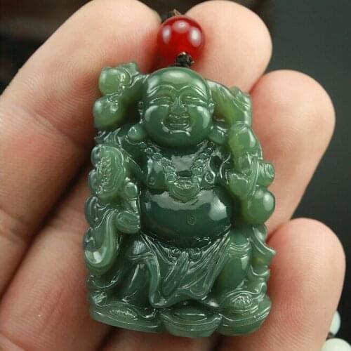 Natural Hand-carved Chinese Hetian Jades Pendant - Green Jades Carved Buddha Lucky Amulet Pendants Necklace free shipping