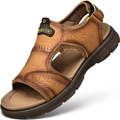 Plus size summer mens leather cowhide sandals mens flat sandals walking shoes outdoor beach shoes сандали босоножки летние E48