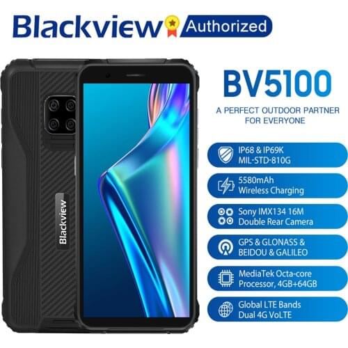 Blackview BV5100 IP68 Waterproof Rugged Smartphone 5.7'' Screen Android 10 Helio P22 Octa Core 4GB 64GB ROM Mobile NFC 5580mAh