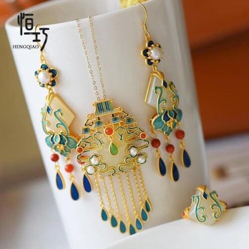 Super Fairy South Tianmen Set Sterling Silver Cloisonne Hetian Jade Earrings Necklace Ring Retro Ethnic Style Female to Give Mom