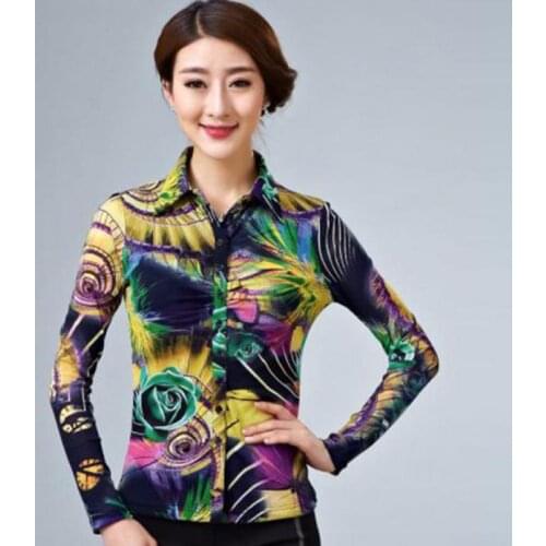 Spring Fall Casual Womens Female Floral Pattern Slim Full Sleeve Colored Slim Mesh Blouse , Woman 3XL Painted Stretch Blouses