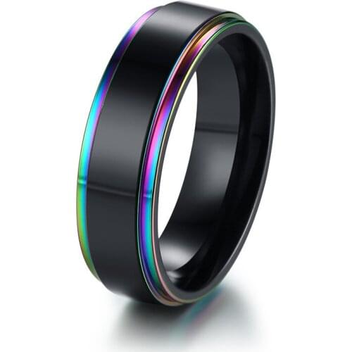 Modyle 6mm Punk Vintage Rainbow Men Wedding Band Ring Stainless Steel Classic Simple Male Statement Fashion Jewelry