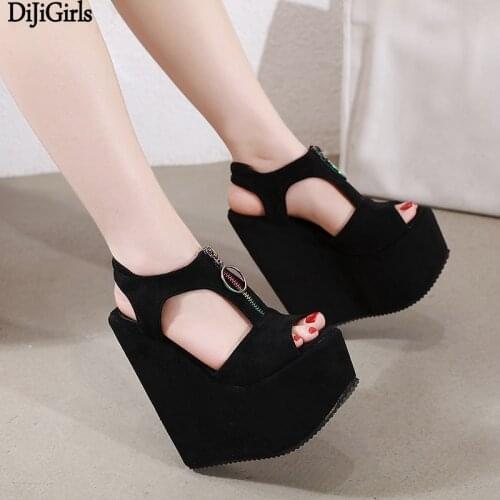 17cm High Heels Platform Wedges Shoes Women Fashion Ladies Black High Heel Shoes Zipper Wedge Sandals Ladies Gladiator Sandals