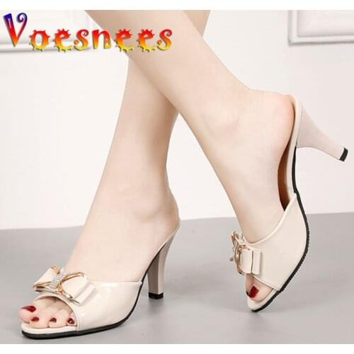 Rhinestone Butterfly-Knot Women Shoes Metal Shallow Mouth Slippers Thin High Heel Sandals Outdoor Solid Color Party Dress Shoes
