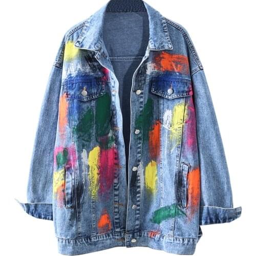 Female Denim Coat Outerwear Korean Jeans Jacket Mid-Length Hand-Painted Color Graffiti Denim Jacket Women Autumn New Basic Coat