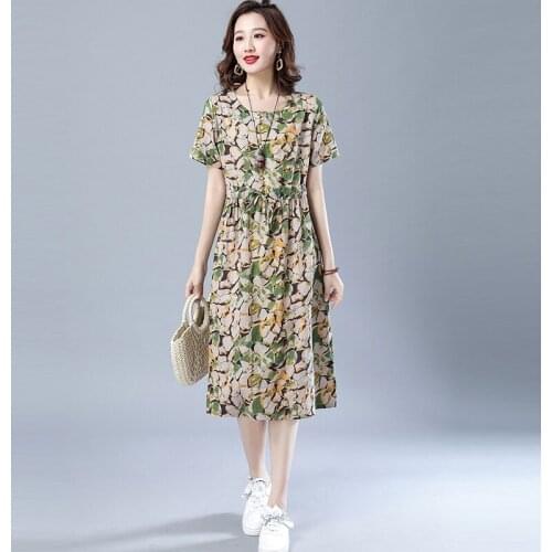 Women Summer Cotton Linen Casual Dress New Arrival 2021 Simple Style Vintage Print Loose Ladies A-line Long Dresses B083