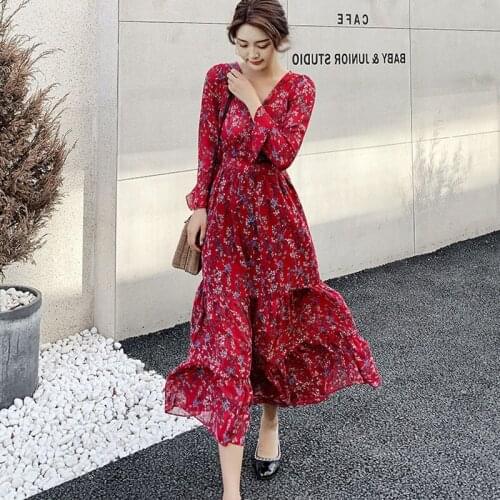 Elegant Floral Print V-neck Long Dress Spring Autumn Ladies High Waist Women Dress Long Sleeve Chiffon Dress