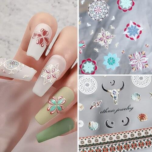 1pc Bohemia Flower Nail Art 5D Stickers Engraved Ox Horn Black Nail Decals for Tips Decoration Unas Postizas Decoradas