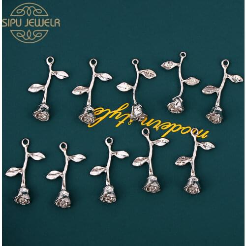 10Pcs Two Colors Rose Flower Jewelry Pendant Metal Plant Charms For Jewelry Making Bulk DIY Bracelets Necklace Earrings Material