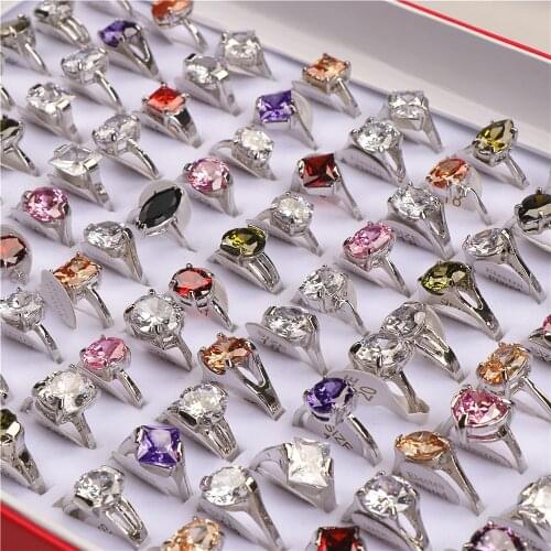 20pcs/lot Fashion Sparkling Copper Multicolor Zircon Rings For Women Mix Style Engagement Wedding Jewerly