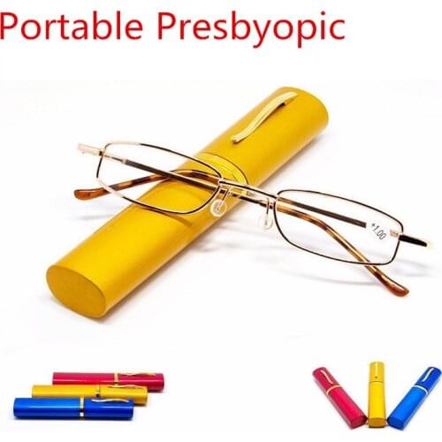 2020Unisex Reading Glasses with Pen Tube Case Portable Presbyopic Glasses Metal Case Spring Hinge Eyeglasses Vision Care okulary