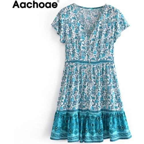 Aachoae Summer A Line Elegant Mini Dress Women Floral Printed V Neck Vintage Dresses Short Sleeve Boho Beach Dress Robe Femme