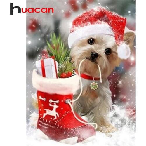 Huacan Diamond Painting Full Square/Round Dog Full Diamond Embroidery Mosaic Animals Modular Pictures Christmas Decoration