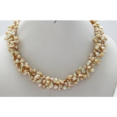 Free shipping > 4row 17" baroque champagne keshi reborn pearl necklace