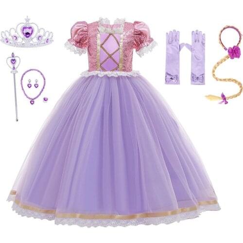 Girls Purple Wedding Dresses for Child Kids Short Sleeve Tutu Dress Princess Long Hair Headband Halloween Party Cosplay Costumes