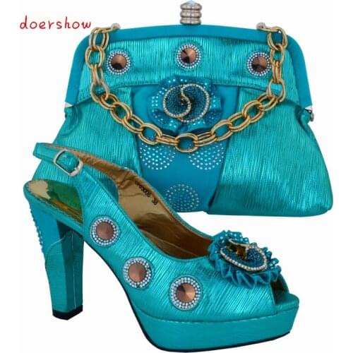 Doershow New coming African sandals Italian shoes and bags to match,Italian shoes with bag set in sky blue color. !VL1-29