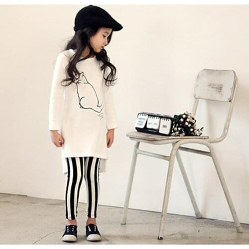 Dulce Amor Fall Girls Clothes Set 2PC Autumn Kid Clothing Long Sleeve Cat Print White Pullover Shirt+Striped Pants Drop Shipping