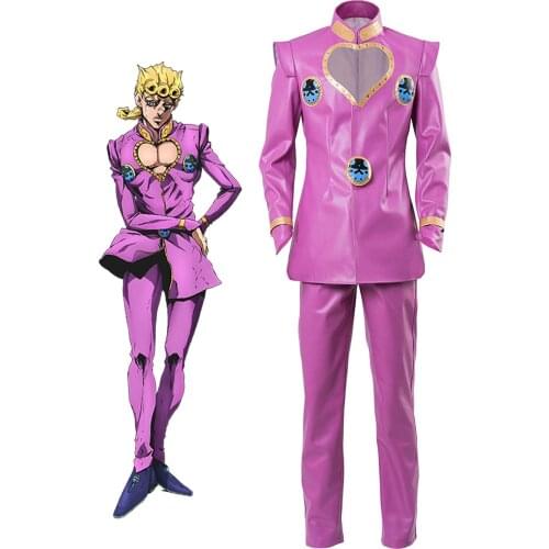 JoJos Bizarre Adventure Giorno Giovanna Cosplay Costume Pink Leather Coat Pants Full Set Custom Made