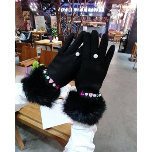 Colorful Rhinestone Flash Diamond Woolen Cashmere Gloves Korean Fashion Five-Finger Warm Touch Screen Gloves Women