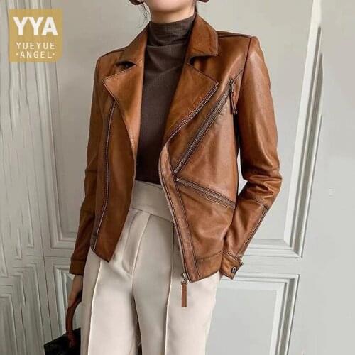 Autumn Women Genuine Leather Jacket Short Natural Sheepskin Coat Slim Fit Office Ladies Work Coat Vintage Zip Moto Biker Jacket