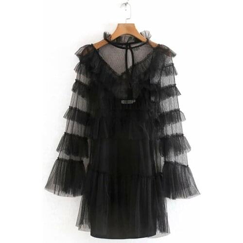 2020 Hot sale Spring Women Long Pleated Dress Sweet Lace Evening Dress Female Long Sleeve Beading Mesh Dress Vestidos