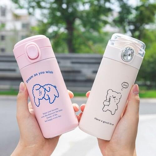 Cartoon Pea Cup Portable Pop Lid Type Small Fresh Student Water Cup Girl Heart Thermos Cup Cute Straw Cup Plastic Water Bottle