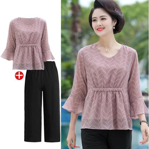 Clothing Summer Wear Suit Spring Short Sleeve 40-50 Middle-Aged Elderly Womens Clothing Clothes T-shirt Chiffon Long Sleeve Top