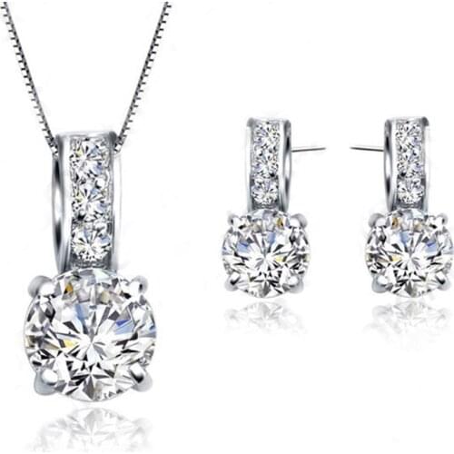 European Brand 925 Sterling Silver Cubic Zircon Pendant Necklace/Earring Women Jewelry Sets Wholesale