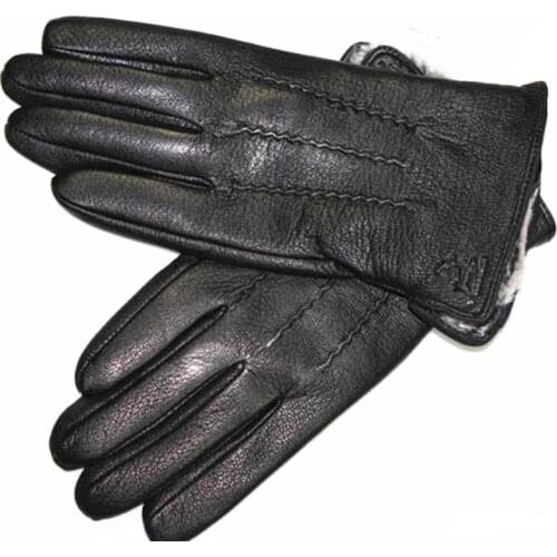 Goatskin Gloves Male Deerskin Pattern New Thin Wool Lining Winter Warmth Thick Fake Rabbit Fur Lining Outdoor Riding Leather
