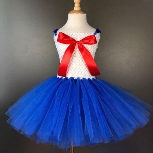 Baby Girls Royal Blue Tutu Dress Kids Crochet Strap Dress with Red Ribbon Bow Children Halloween Party Costume Uniforms Dresses