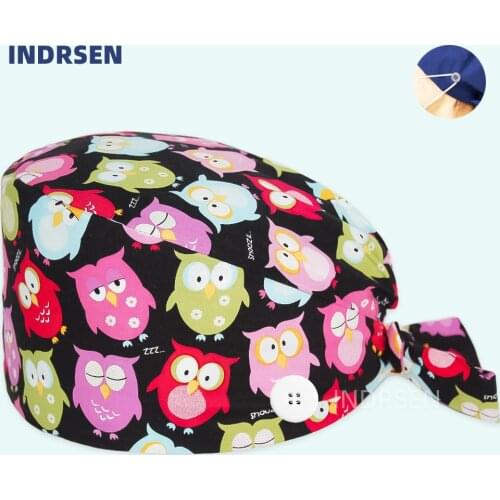 Animal Scrub Cap Owls Printed with Buttons Chef Lab Hat Daily cleaning Dustproof Pet Working Nursing Caps