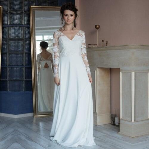 Long Sleeve A Line Wedding Dresses Appliques V Neck Bridal Gown Chiffon Wedding Gowns Floor Length Backless Vestido de Noiva