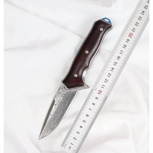 CR230 Damascus Steel Blade Red Sandalwood Handle Folding Knife Outdoor Camping Multifunctional Kitchen Hunting Knife Daily Carry