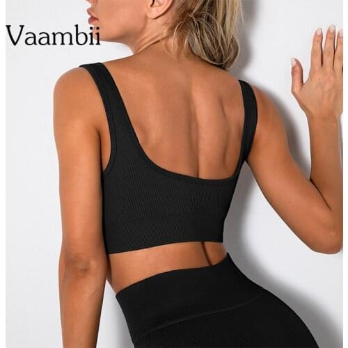 Open Back Sports Bra For Women Gym Ribbed Bras Without Bones Seamless Yoga Sport Top With Cups Wide Straps Black Bralette