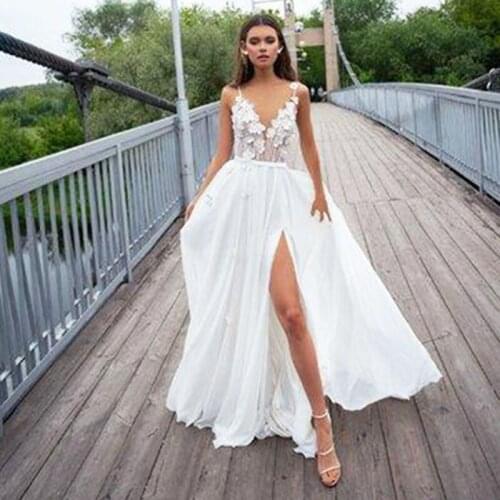 Boho Wedding Dress 3D Lace Floral Applique Sexy Side Split Cheap Country Wedding Gowns Bohemian Bridal Dress Abiti da sposa