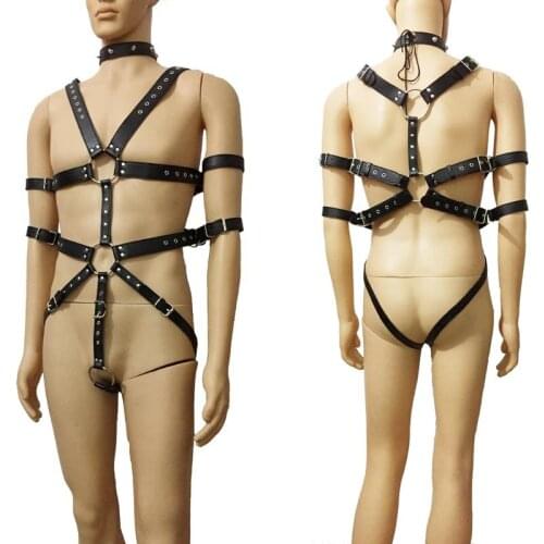 Sexy Heavy Duty Faux Leather Men Full Body Harness Restraint Bodysuit Chest Straps Fancy Dress Role Play Costume Gothic