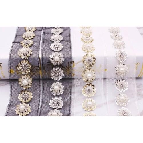 Pearl beads rhinestone sequins handmade stitch mesh lace 4.5cm clothes collar bridal party dress decoration trimming ribbon DIY