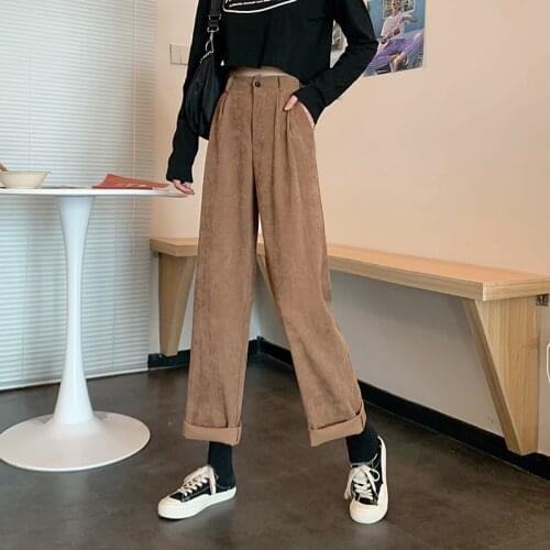 Women Pants Korean Style New Loose All-match Corduroy Wide Leg Trousers Womens Trendy Leisure Harajuku Daily Ulzzang High Waist