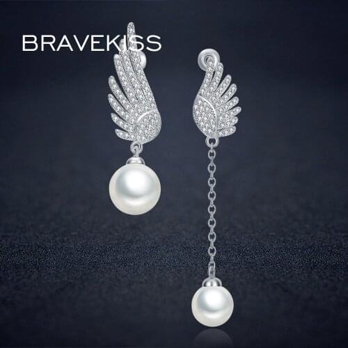 BRAVEKISS simulate pearl dangle earrings for women long chain cz angel wing earrings drop pendientes largos jewel BUE0221
