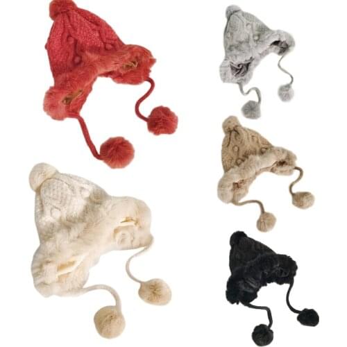 Women Winter Chunky Knit Contrast Color Beanie Hat Letters Embroidery Thick Plush Lined Cute Pompom Earflap Trapper Cap