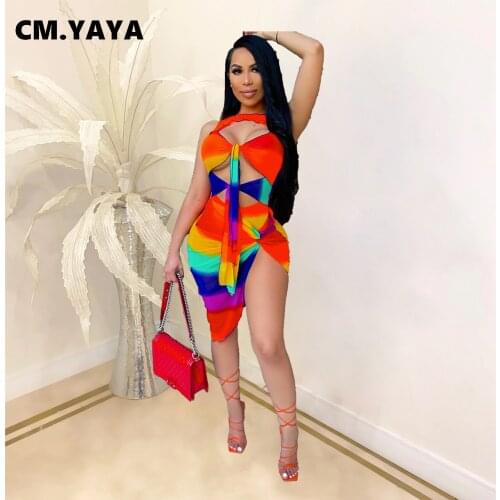 CM.YAYA Women Set Print Sleeveless Hollow Out Badnage Bodysuit Mini Splited Skirts Two Piece Set Sexy Swimsuit Summer Beachwear