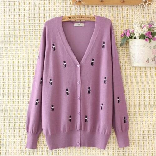 Plus Size Womens Autumn Cardigan Cat Embroidery Long Sleeved V-neck Tops Casual Outwear
